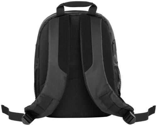 Un sac à dos noir simple, vu de dos, avec deux sangles d'épaules réglables et une poignée de transport supérieure.