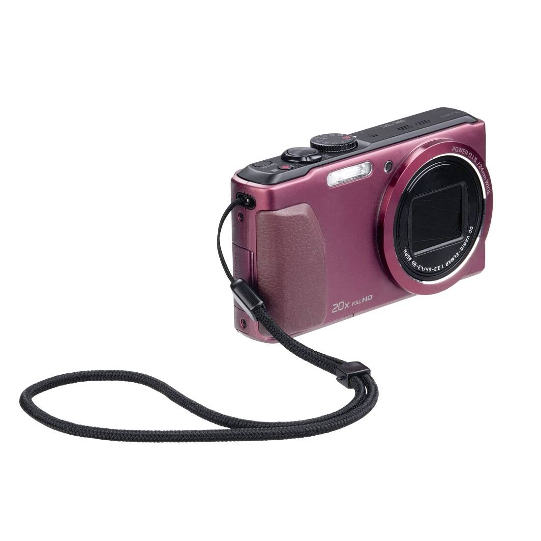 Appareil photo compact rouge avec dragonne, montrant la face avant avec l'objectif et les commandes.