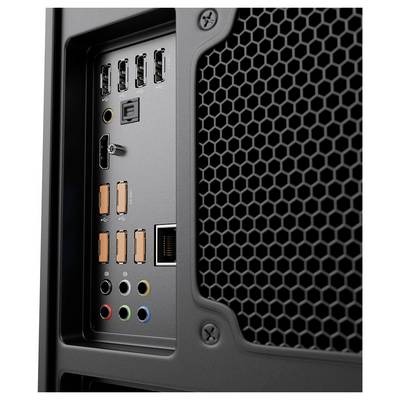 Gros plan d'un panneau d'E/S arrière de tour informatique avec des ports USB, des prises audio, des sorties vidéo, un port Ethernet et une grille de ventilation en nid d'abeille.