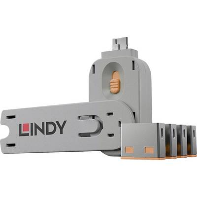 Dispositif LINDY USB avec un support gris ajustable et un curseur de dégagement orange, montré avec un bras articulé déployé et plusieurs inserts de montage attachés.