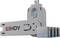 Adaptateur USB de marque Gray LINDY avec curseur bleu ajustable, présenté avec une prise repliable et des embouts de connecteur interchangeables