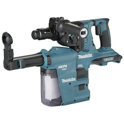 Un marteau perforateur sans fil bleu Makita avec filtre HEPA intégré et système de collecte des poussières, adapté pour travailler sans poussière.