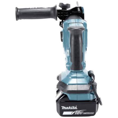 Un meuleuse d'angle sans fil bleue avec une poignée noire, de marque Makita. Fonctionnant avec une batterie lithium-ion 18V.