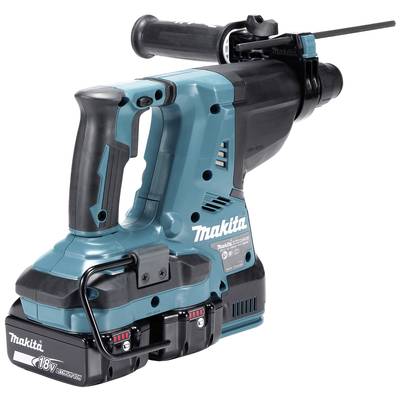 Un outil électrique de bricolage en bleu, un marteau-perforateur sans fil avec poignée, batteries et boutons de fonction, photographié de côté.