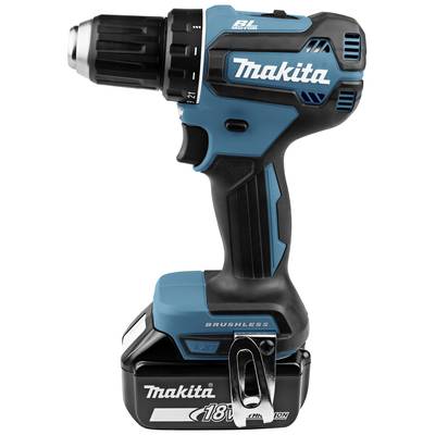 Un tournevis sans fil bleu Makita de 18V, sans moteur à balais, vue de côté. Principalement utilisé dans les ateliers.