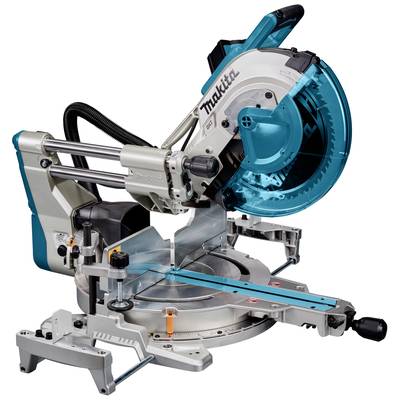 Scie électrique à tronçonner avec un capot de protection bleu et le logo Makita, montée sur une base métallique avec des réglages d'angle précis.