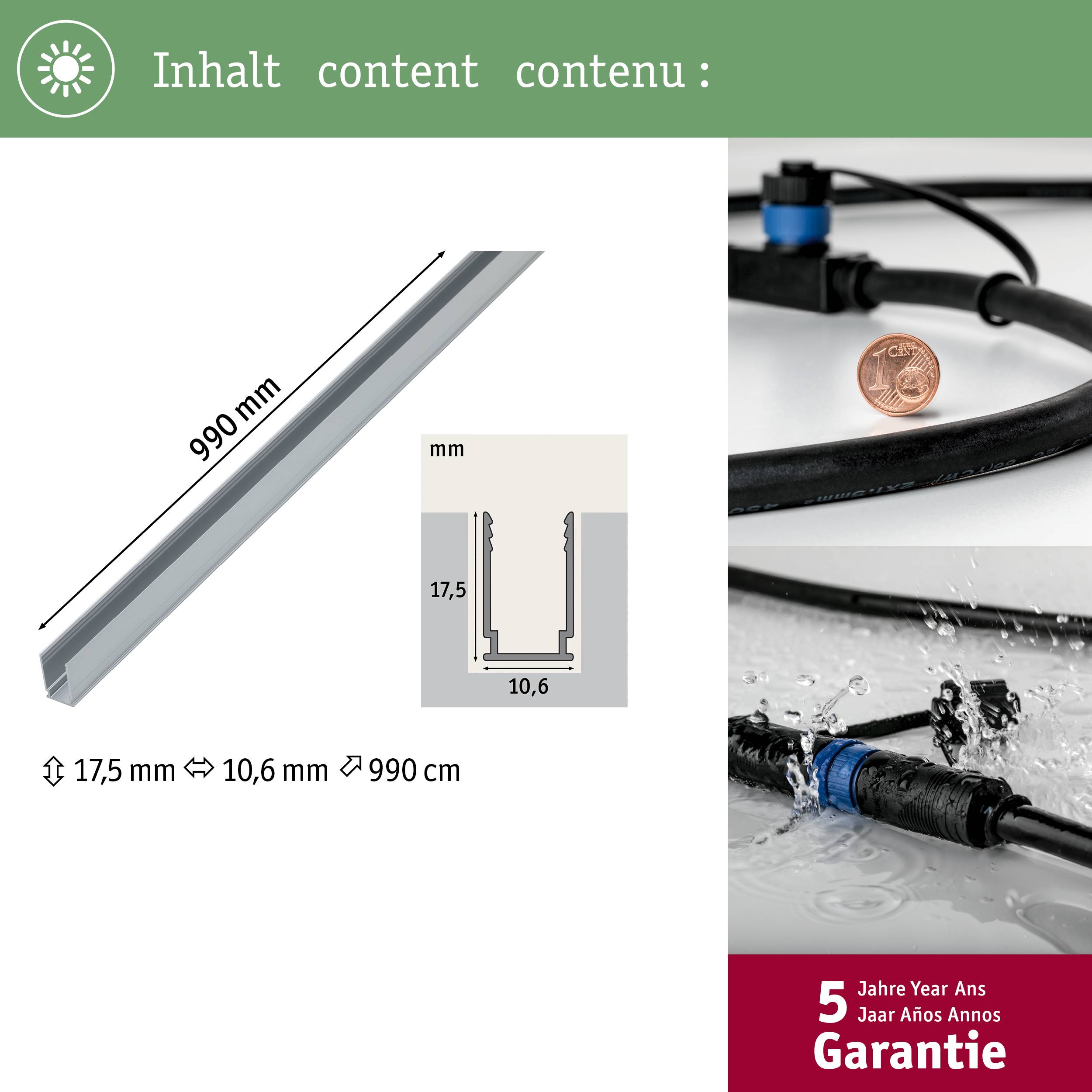 Contenu : Profilé en aluminium, Longueur : 990 mm, Section : 17,5 x 10,6 mm. Incluant une garantie de 5 ans.