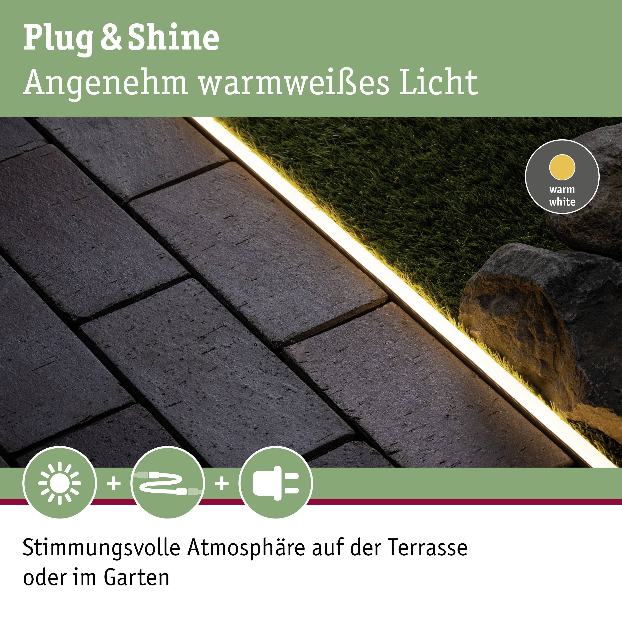 Système d'éclairage Plug & Shine, lumière agréablement blanche chaude ; crée une atmosphère chaleureuse sur la terrasse ou dans le jardin.