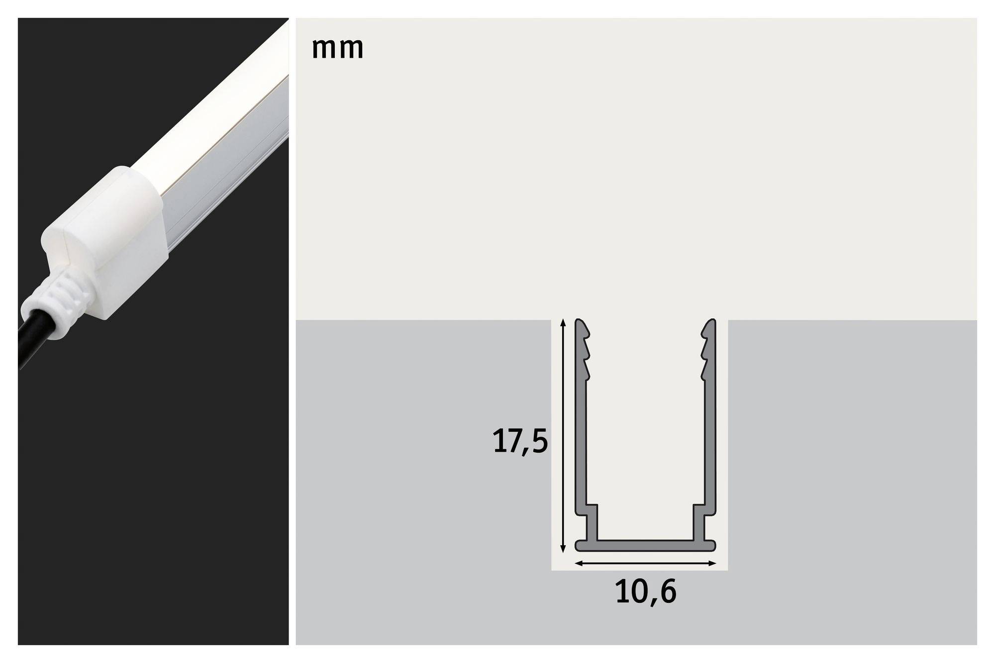 Vue de profil d'un profilé aluminium pour LED avec dimensions : hauteur 17,5 mm et largeur 10,6 mm. À gauche, une partie du profilé avec connexion électrique.