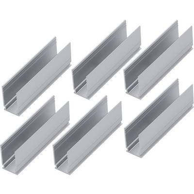 Six profilés en aluminium argentés sont disposés en deux rangées de trois éléments chacune. Ils sont identiques et ont une forme en U.