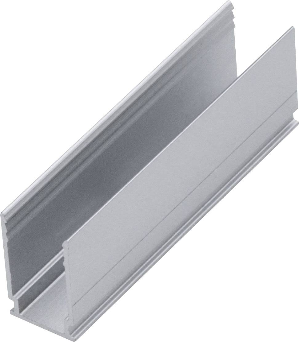 Un profilé en aluminium argenté en forme de U, utilisé pour la construction ou comme élément de fixation dans diverses applications.