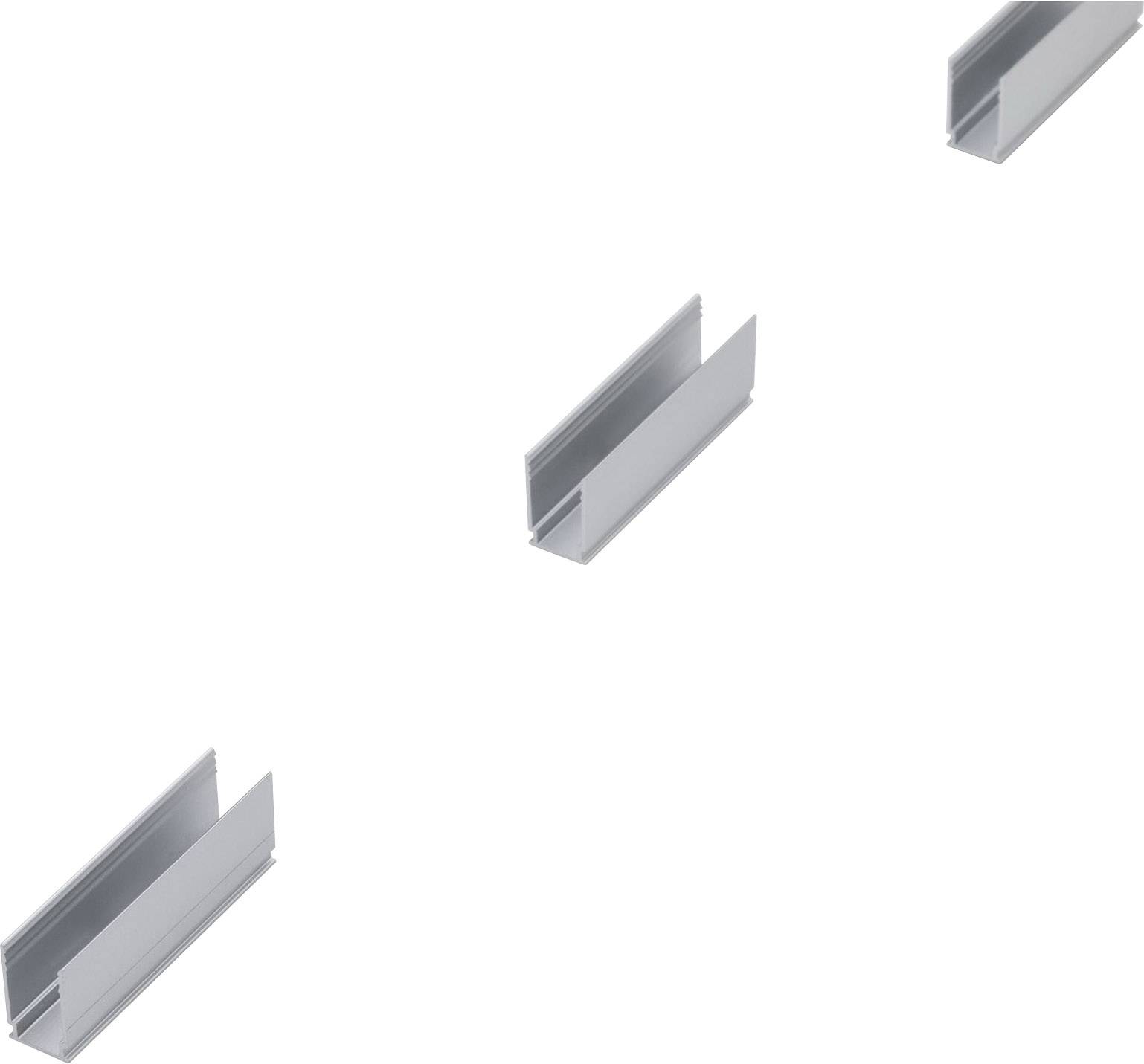 Trois profils métalliques gris en forme de C, représentés en suspension à distance les uns des autres. Ils semblent conçus à des fins de construction.