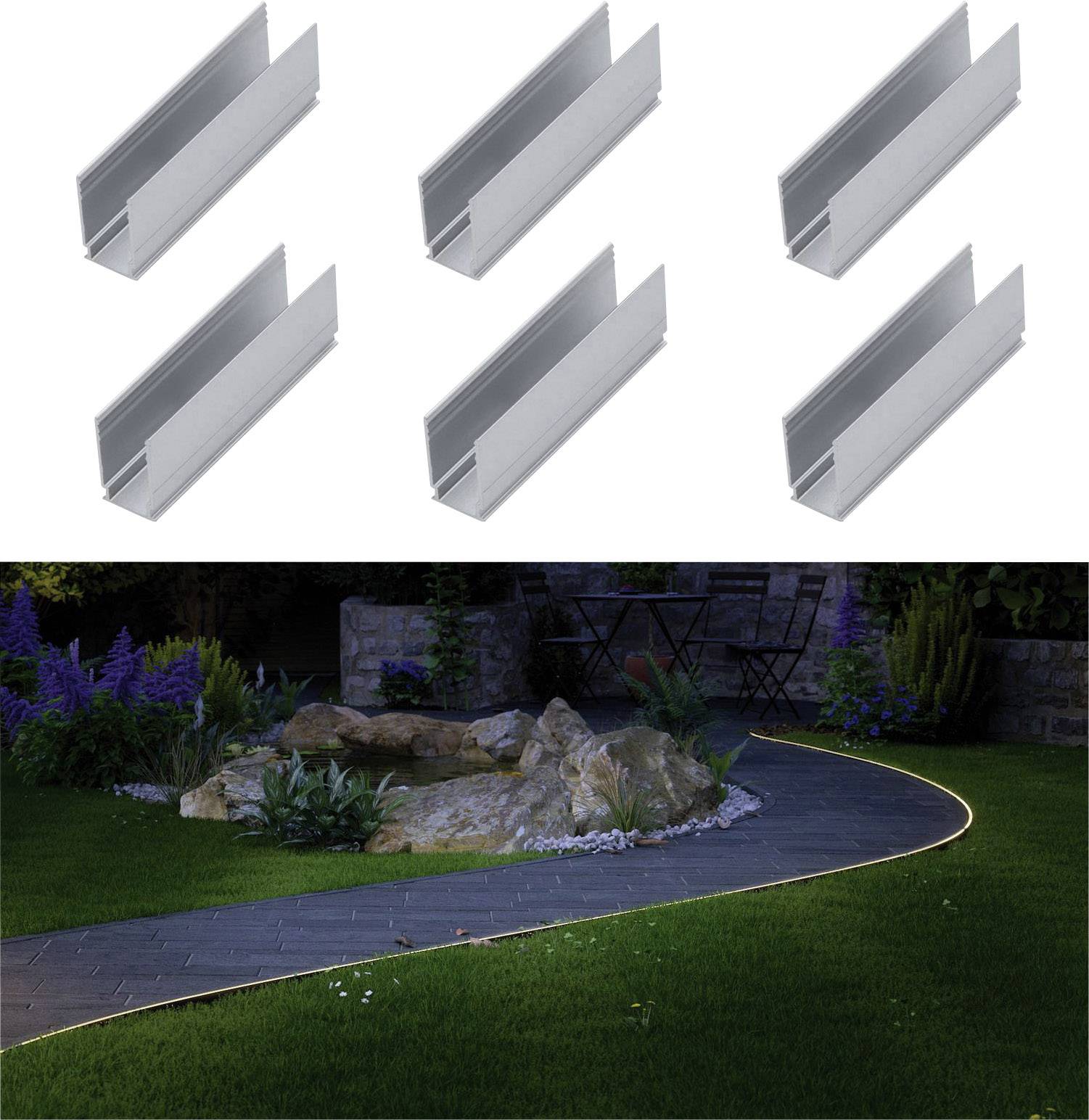 'Six profilés en aluminium en haut ; chemin de jardin éclairé bordé de pierres en bas. Scène de crépuscule avec des plantes en arrière-plan.'