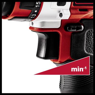 Gros plan d'un outil électrique rouge avec indicateur de vitesse et inscription 'min⁻¹'. Mise au point sur la poignée et les détails des boutons.