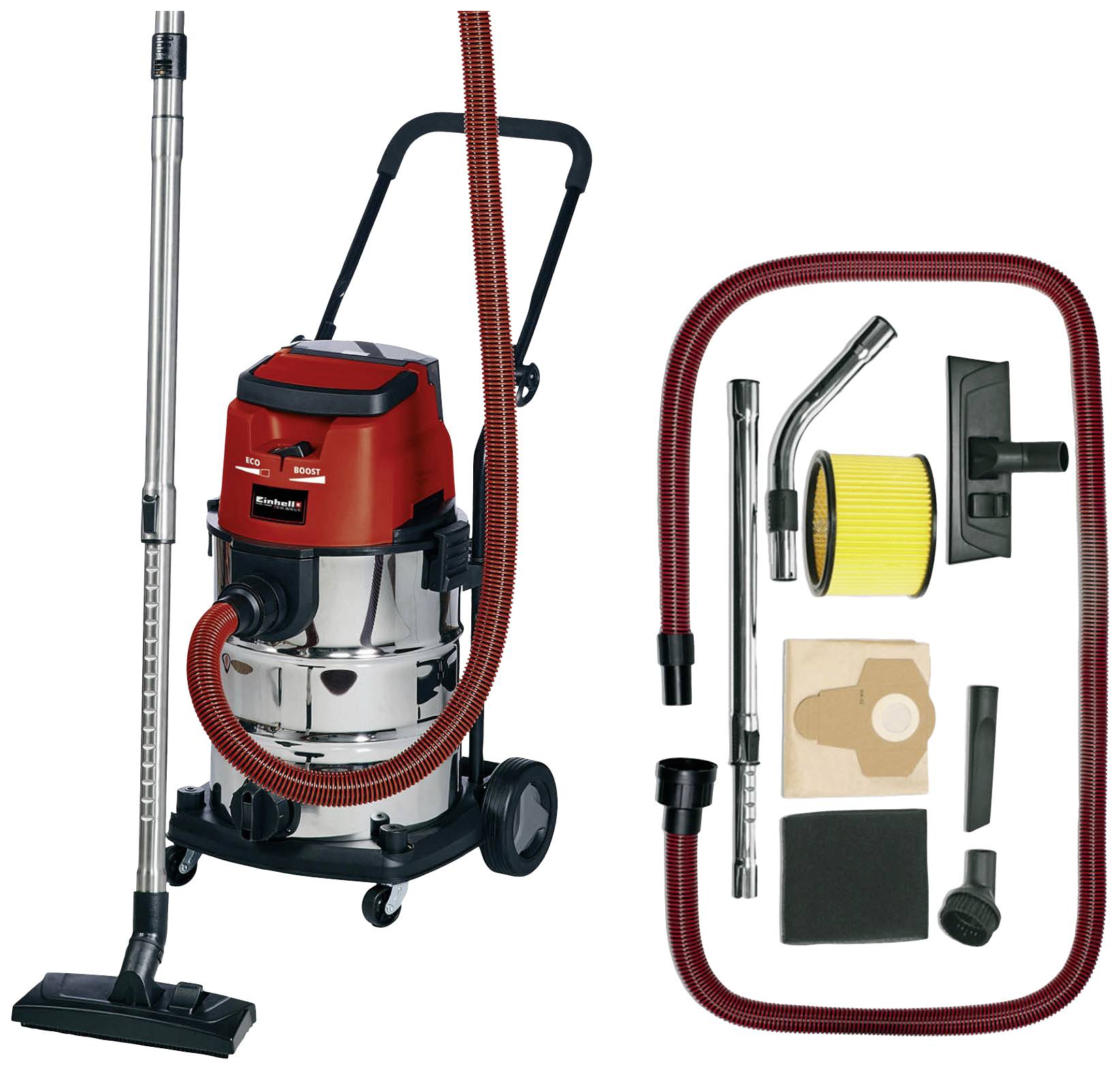 Aspirateur eau et poussière avec boîtier rouge et accessoires tels que tuyaux, filtres et buses. Adapté à divers travaux de nettoyage.
