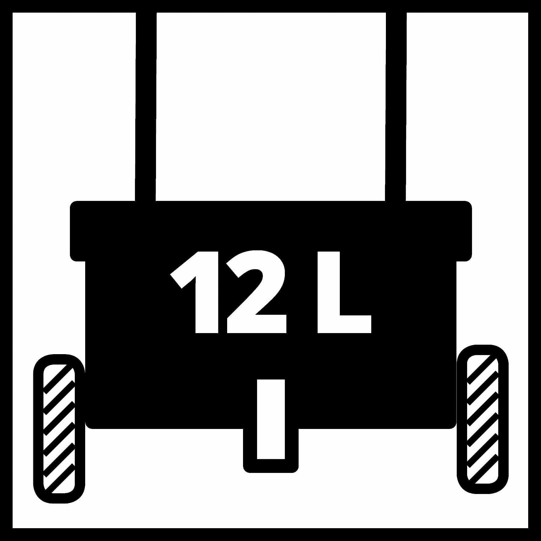 Symbole '12L', noir sur fond blanc, avec deux roues et des poignées qui semblent représenter un réservoir d'eau ou un chariot.