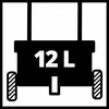 Symbole '12L', noir sur fond blanc, avec deux roues et des poignées qui semblent représenter un réservoir d'eau ou un chariot.