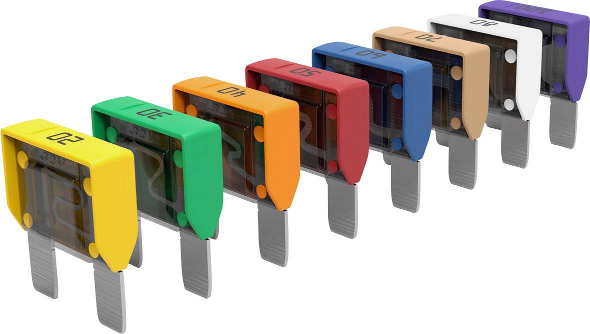 Fusibles automobiles multicolores alignés, allant de 20 à 80 ampères, triés par couleur. Chaque couleur représente une valeur d'ampérage différente.