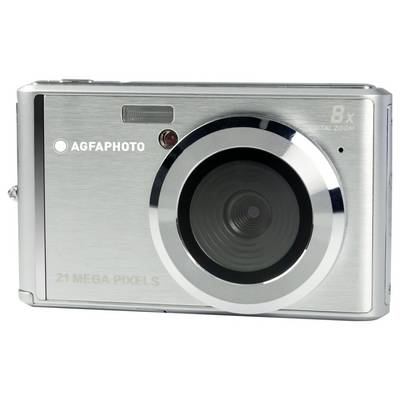 Appareil photo numérique argenté portant l'inscription 'Agfaphoto'. Caractéristique principale : zoom numérique 8x, 21 mégapixels.