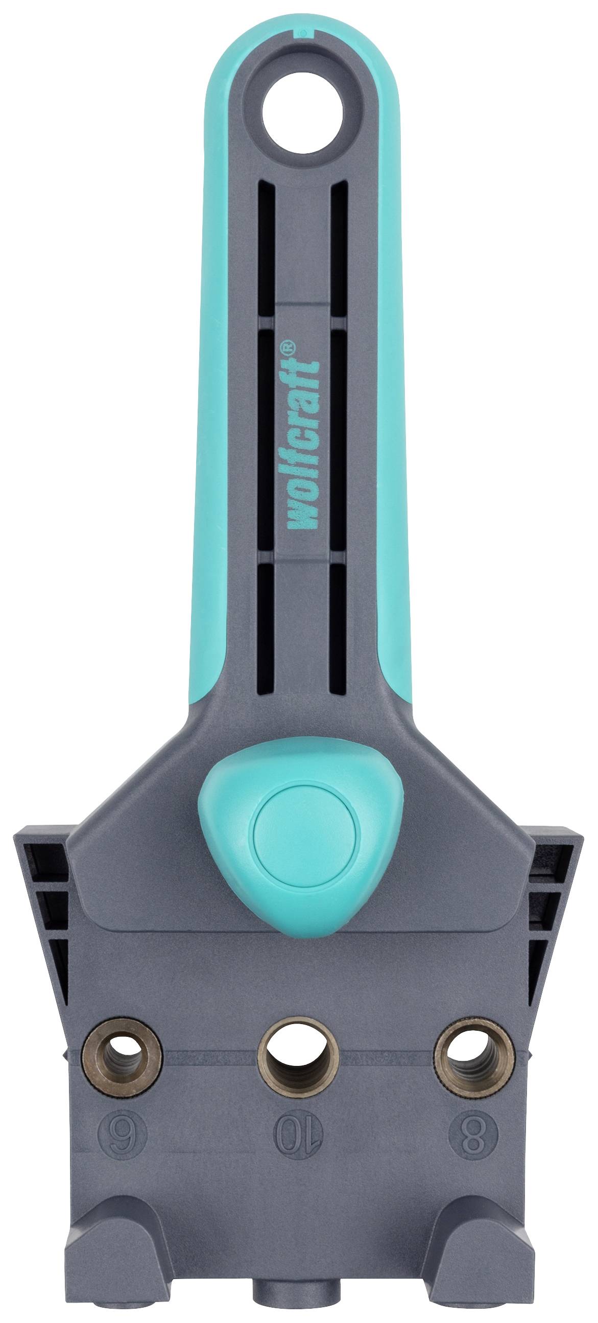 Support de fer à souder avec poignée turquoise, tête noir-grise et trous de vis pour la fixation sur une surface de travail.