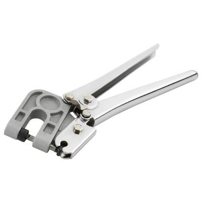 Une pince perforatrice en argent avec une tête grise, utilisée pour perforer des trous dans des matériaux tels que le cuir ou le papier.