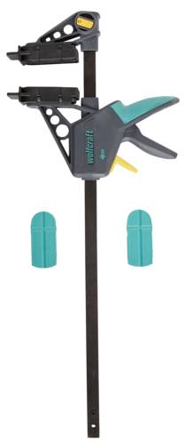 Pince-étau à serrage rapide avec une poignée turquoise et un bouton de libération jaune ; deux tampons de mâchoire turquoise inclus pour la protection.