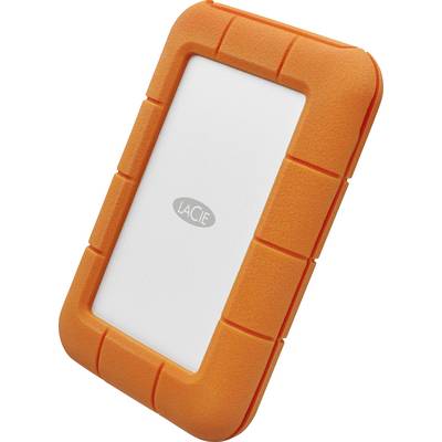 Disque dur externe avec une housse de protection orange.