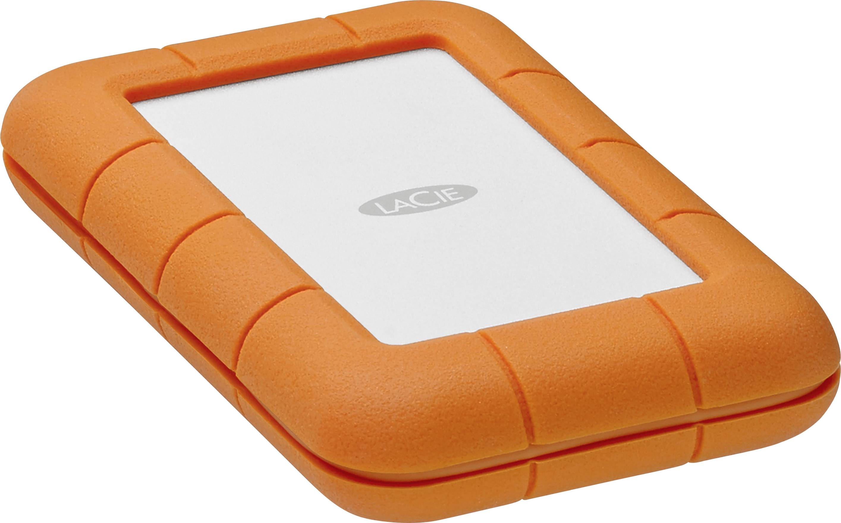 Disque dur externe protégé par une housse en caoutchouc orange pour une résistance aux chocs. De taille moyenne, rectangulaire, avec le logo gris 'LaCie' au centre.