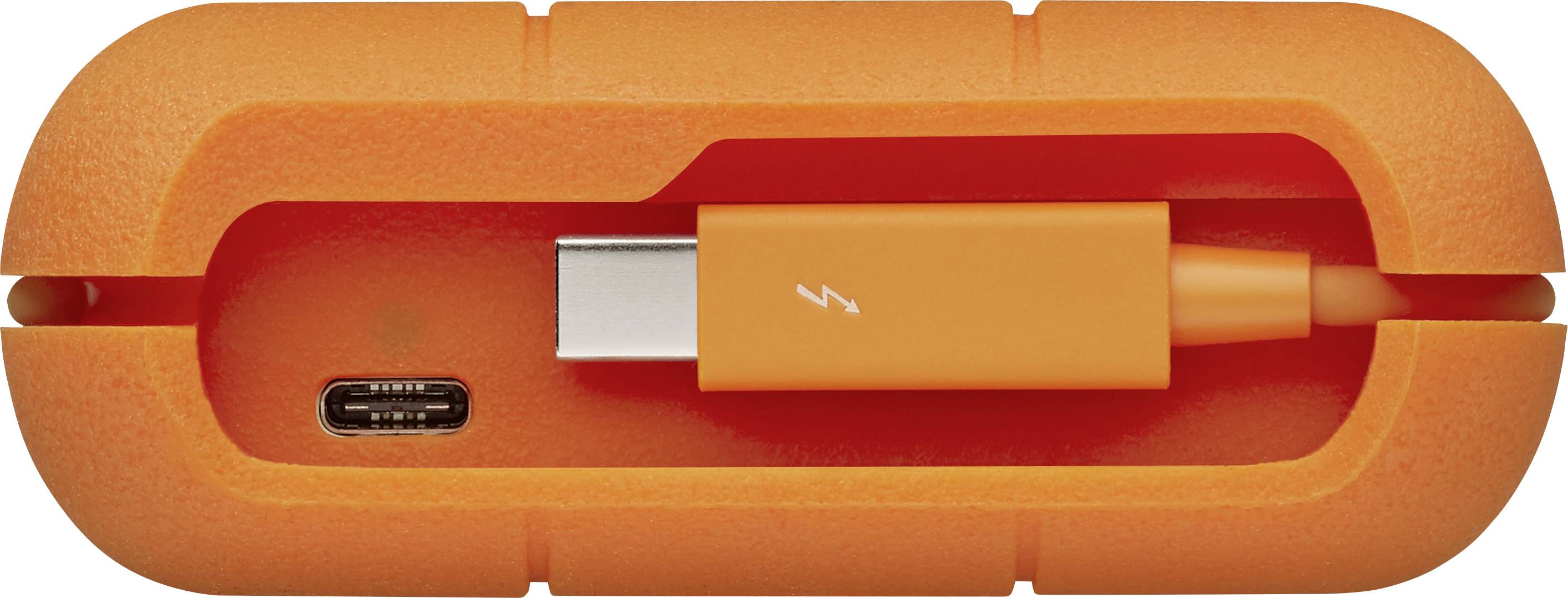 Boîtiers de disque dur orange, robustes, avec un câble USB-C intégré. Sur la gauche se trouve un port USB-C supplémentaire.