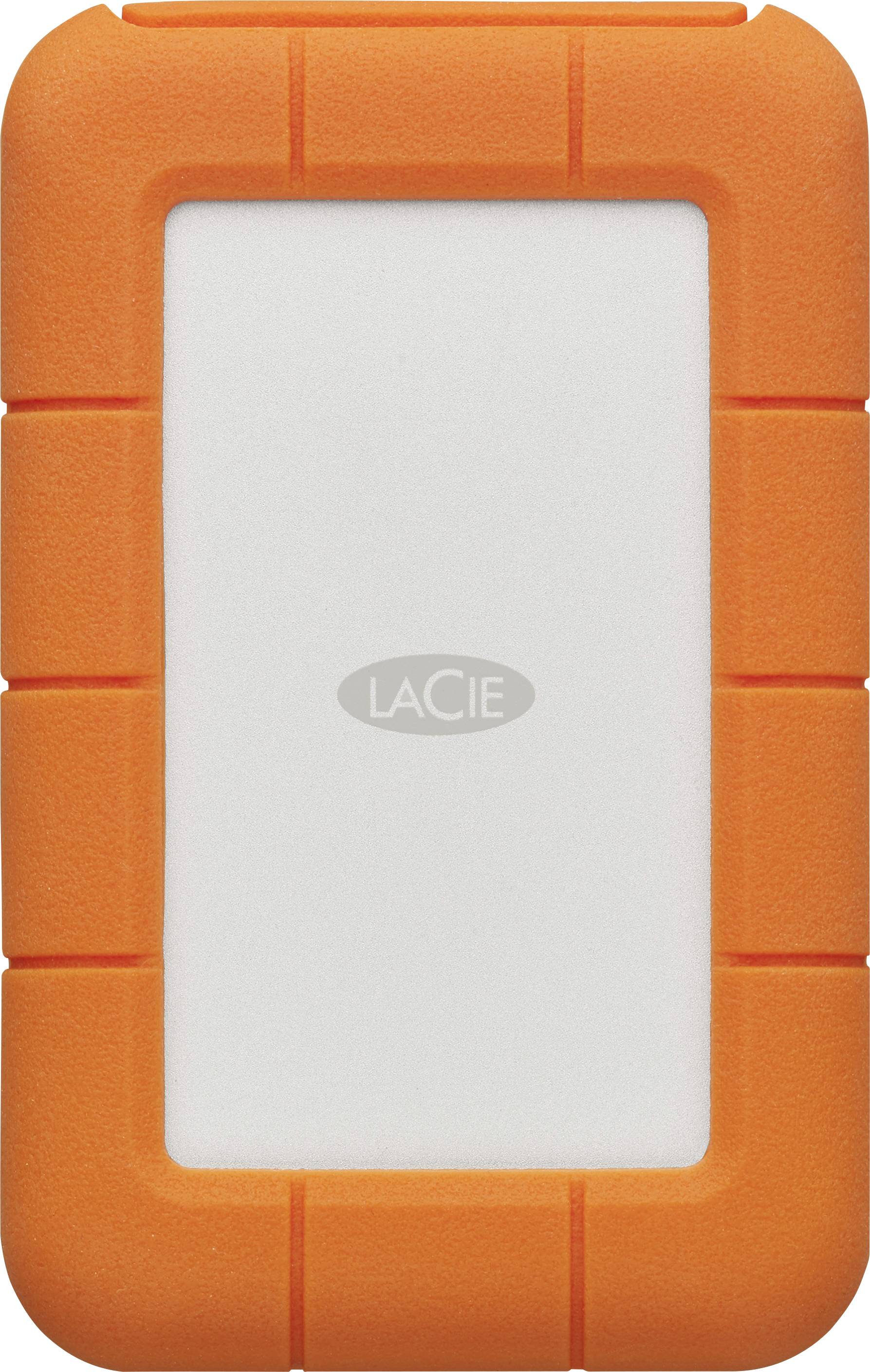 Un disque dur externe orange, robuste, arborant le logo LaCie en son centre. Conçu pour résister aux chocs et au stockage de données.