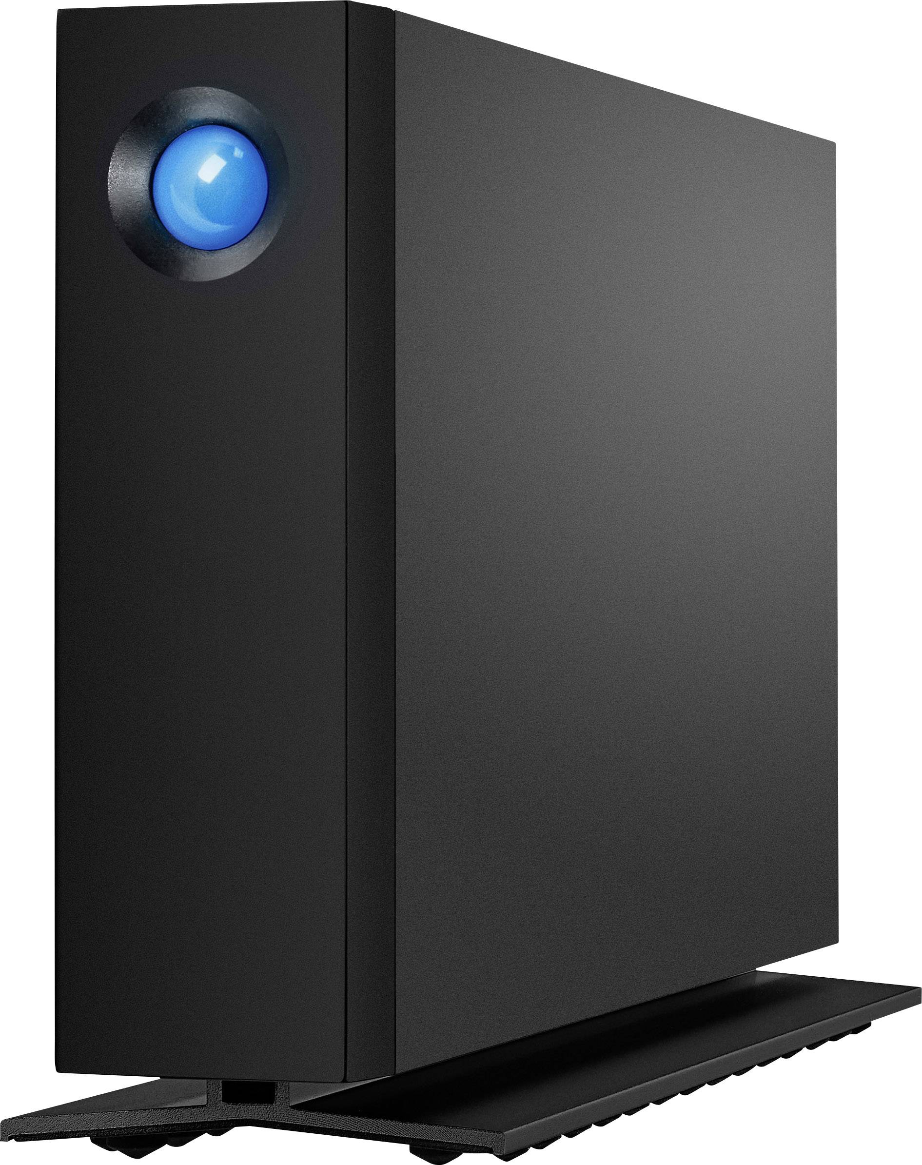 Disque dur externe noir avec anneau LED bleu, positionné verticalement sur un support.