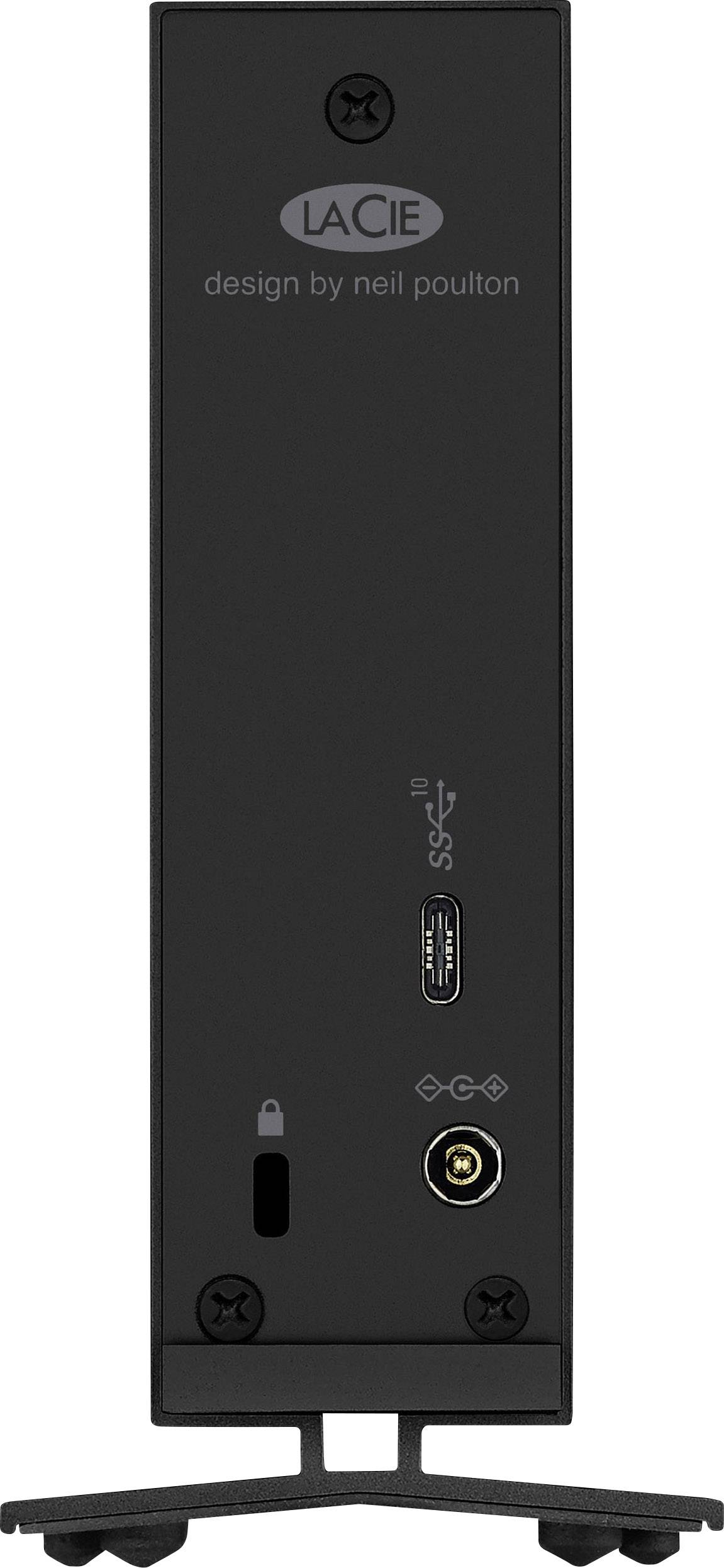 Disque dur externe, vue arrière. Connexions : USB-C, prise d'alimentation. Étiquette en haut : « LACIE design by neil poulton ».