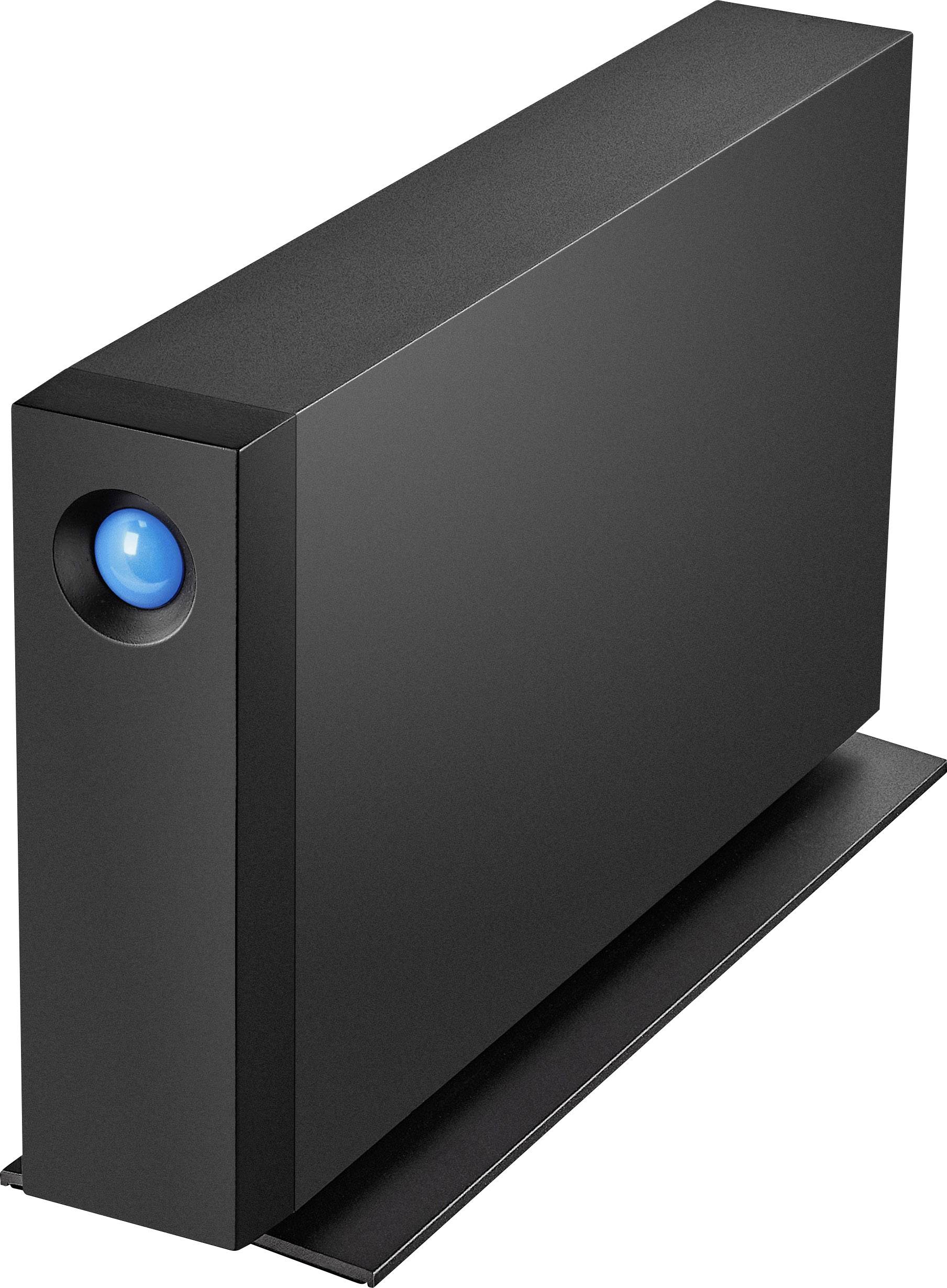 Disque dur externe avec un boîtier noir et un bouton lumineux bleu sur le devant.