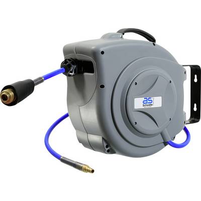 Enrouleur de tuyau automatique avec tuyau pneumatique bleu et boîtier gris, monté au mur, pour applications à air comprimé.