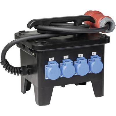 Un boîtier de distribution électrique noir avec quatre prises électriques bleues et un épais câble électrique avec une fiche rouge sur le dessus.