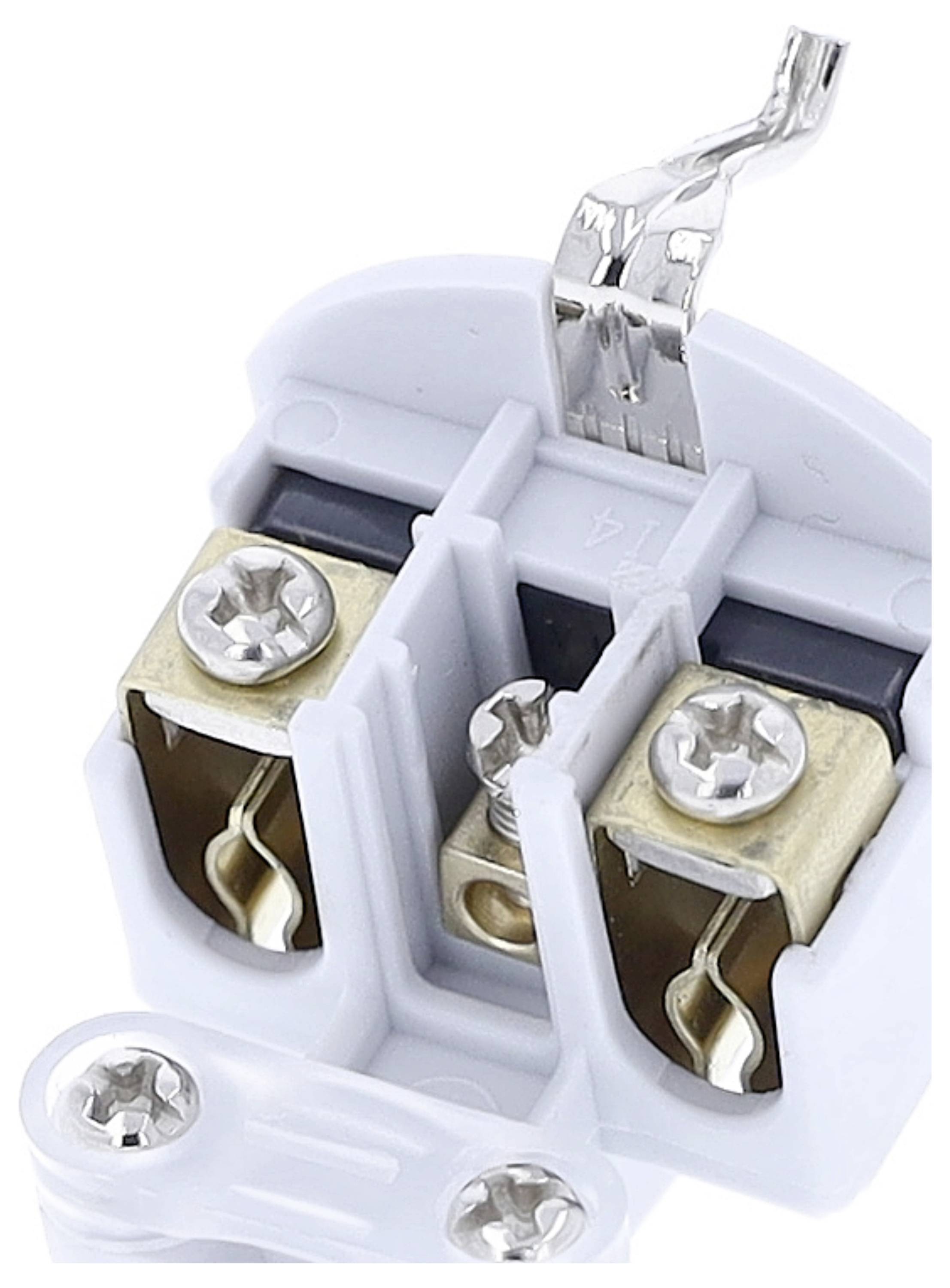 Connexion enfichable avec deux bornes à vis et câble.