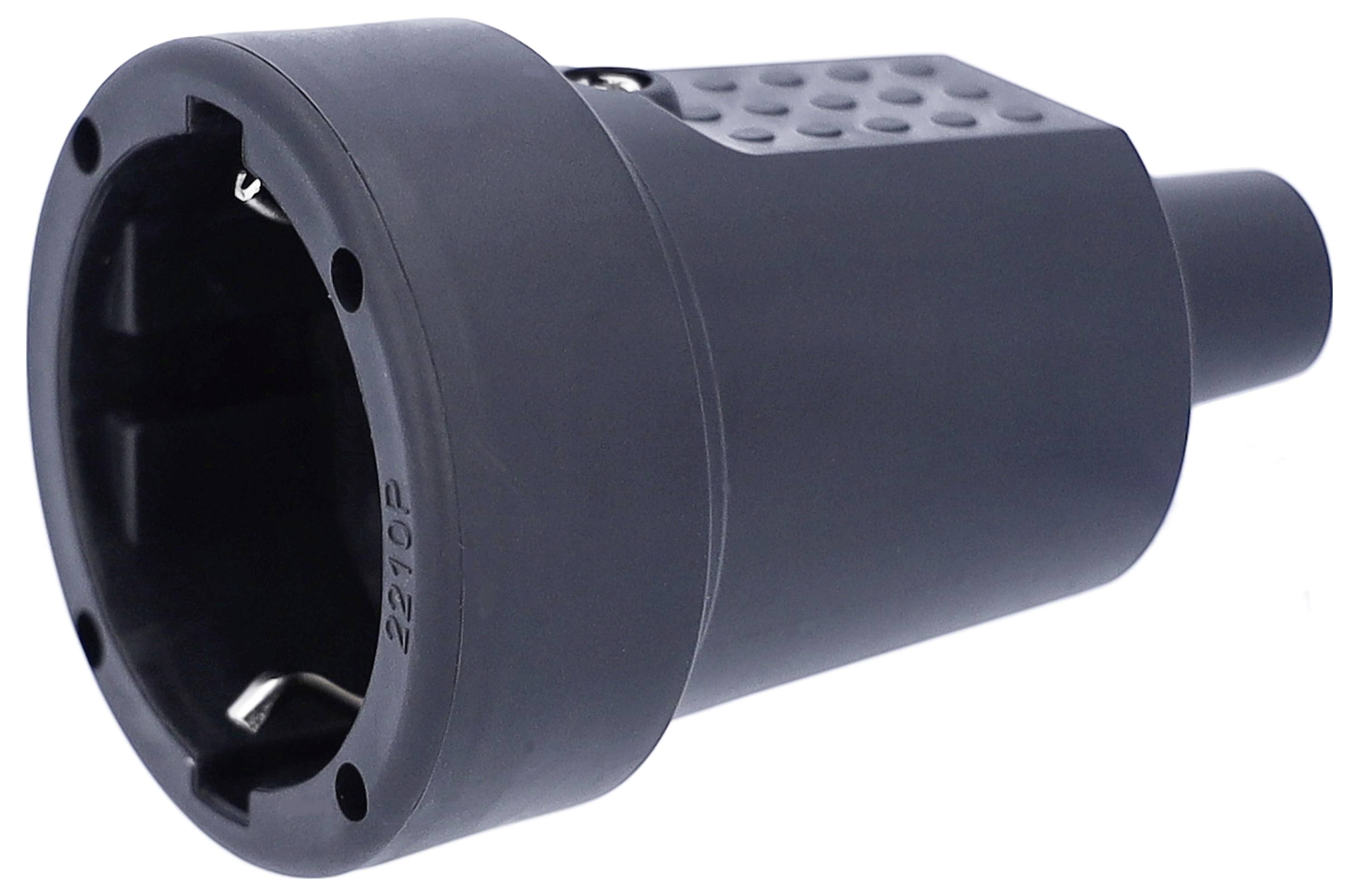 Un adaptateur noir avec surface gaufrée et connexion par fiche, vue latérale.