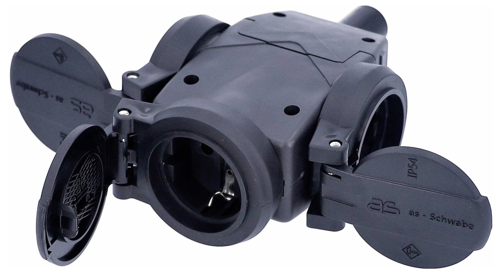 Une multiprise noire et robuste avec plusieurs volets, adaptée à une utilisation extérieure. Les prises sont protégées par des capots.