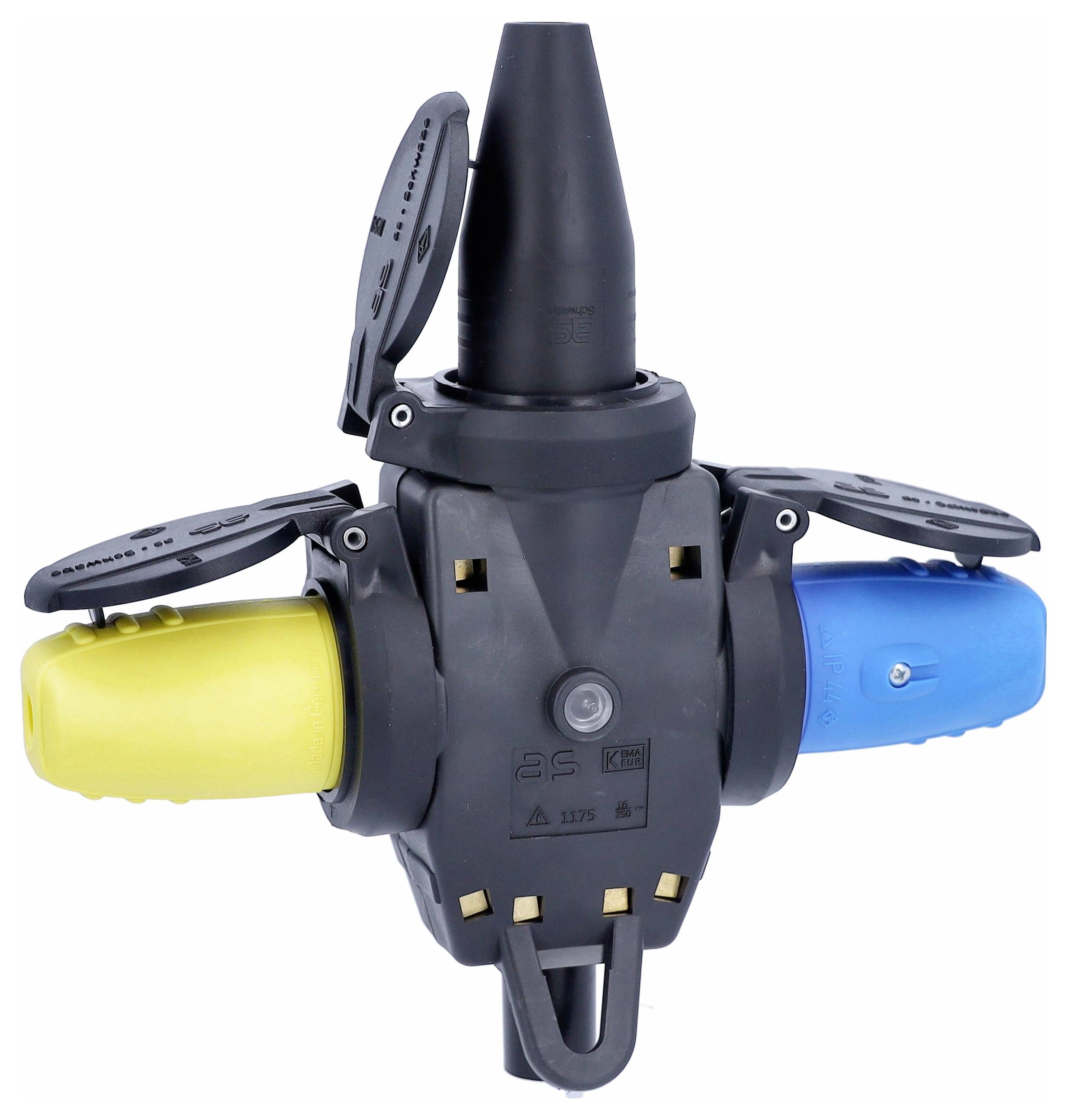 Un connecteur noir avec trois bornes de couleurs : jaune, bleu et noir. Chaque borne dispose d'un couvercle amovible.