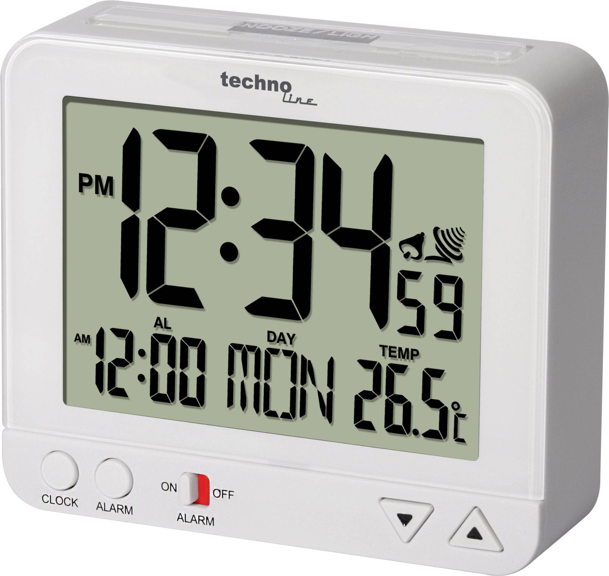 Horloge électronique affiche 12:34, Lundi, 26,5 degrés Celsius.