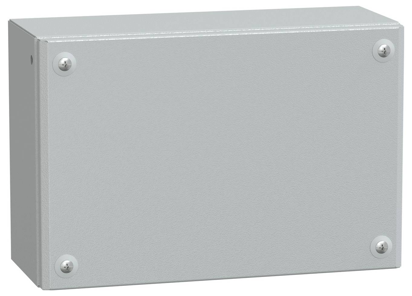 Un boîtier rectangulaire simple en métal gris, avec des coins fixés par des vis.