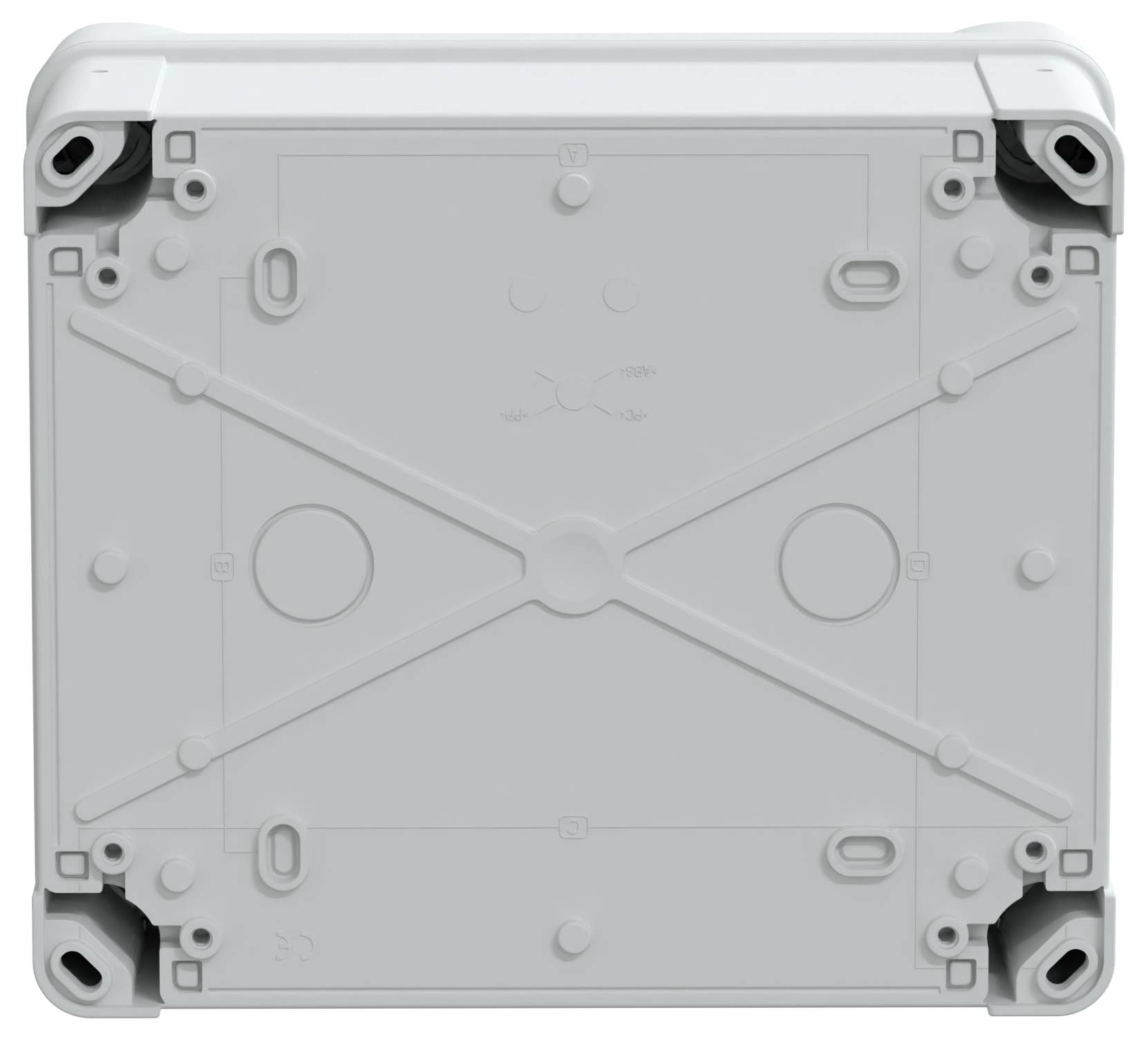 Un boîtier de jonction électrique gris, vu de l'arrière, montrant des emplacements de fixation et de câblage, conçu pour une installation sécurisée sur un mur ou un plafond.
