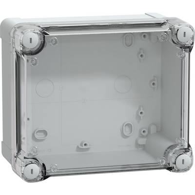 Un boîtier de jonction électrique vide et transparent, conçu pour une installation murale, avec des points de fixation visibles et un couvercle transparent.