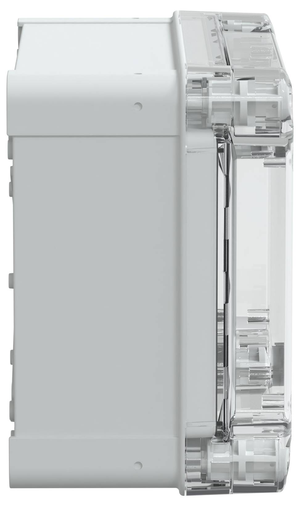 Une vue de côté d'un boîtier en plastique blanc avec un couvercle transparent, présentant un design compact et une forme rectangulaire.