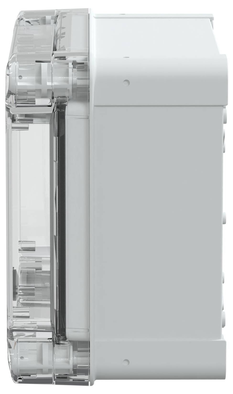 Vue latérale d'un appareil électronique blanc rectangulaire avec un couvercle en plastique transparent sur le côté gauche, montrant des boutons sur le côté droit.