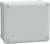 Un boîtier de jonction rectangulaire simple, de couleur gris clair, avec des angles arrondis et quatre emplacements pour vis, généralement utilisé pour les installations électriques.