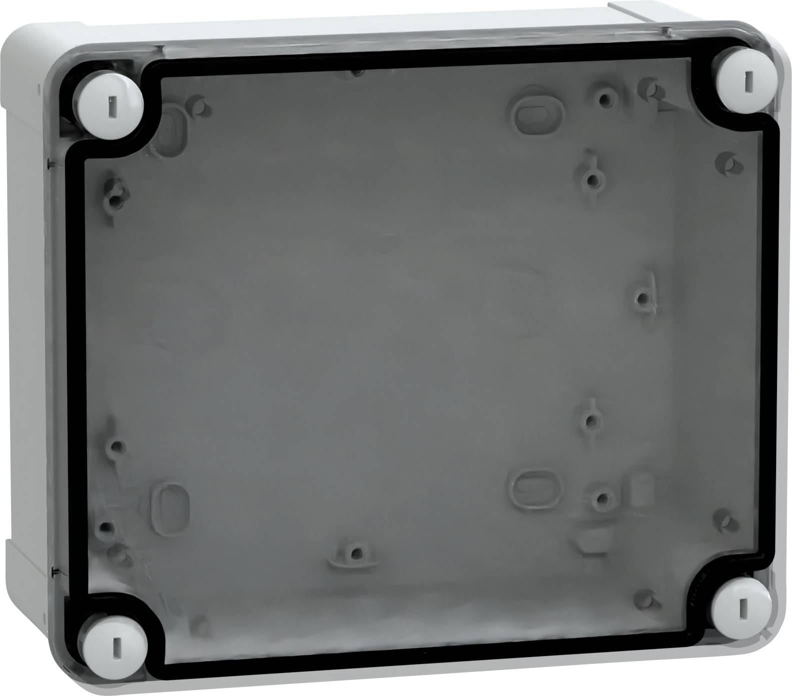 Un boîtier de jonction électrique gris avec un couvercle transparent révélant des points de fixation et des connecteurs, adapté pour une utilisation en intérieur ou en extérieur.