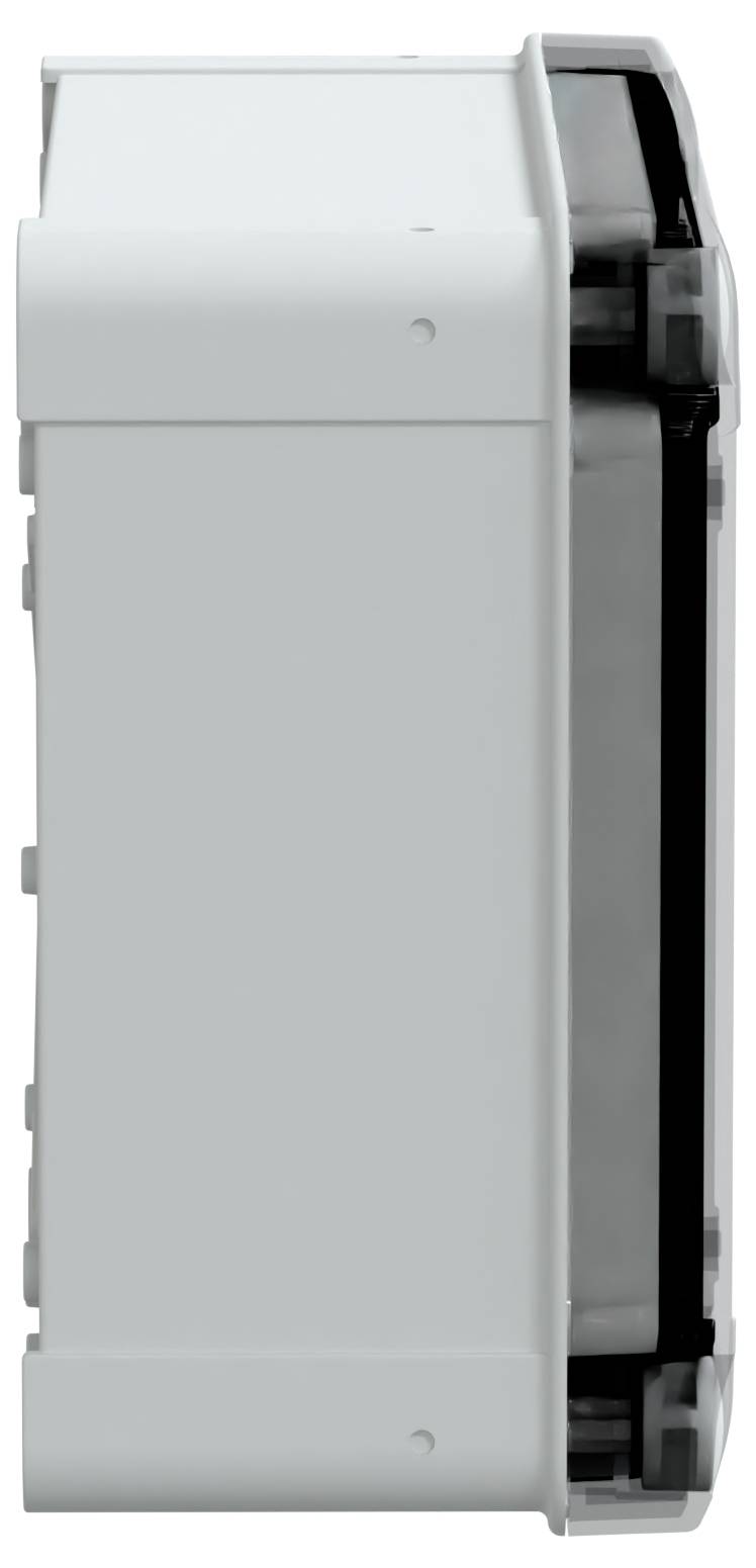 Un boîtier électrique rectangulaire blanc avec un joint noir sur le côté droit, présenté en orientation verticale, couramment utilisé pour la protection.
