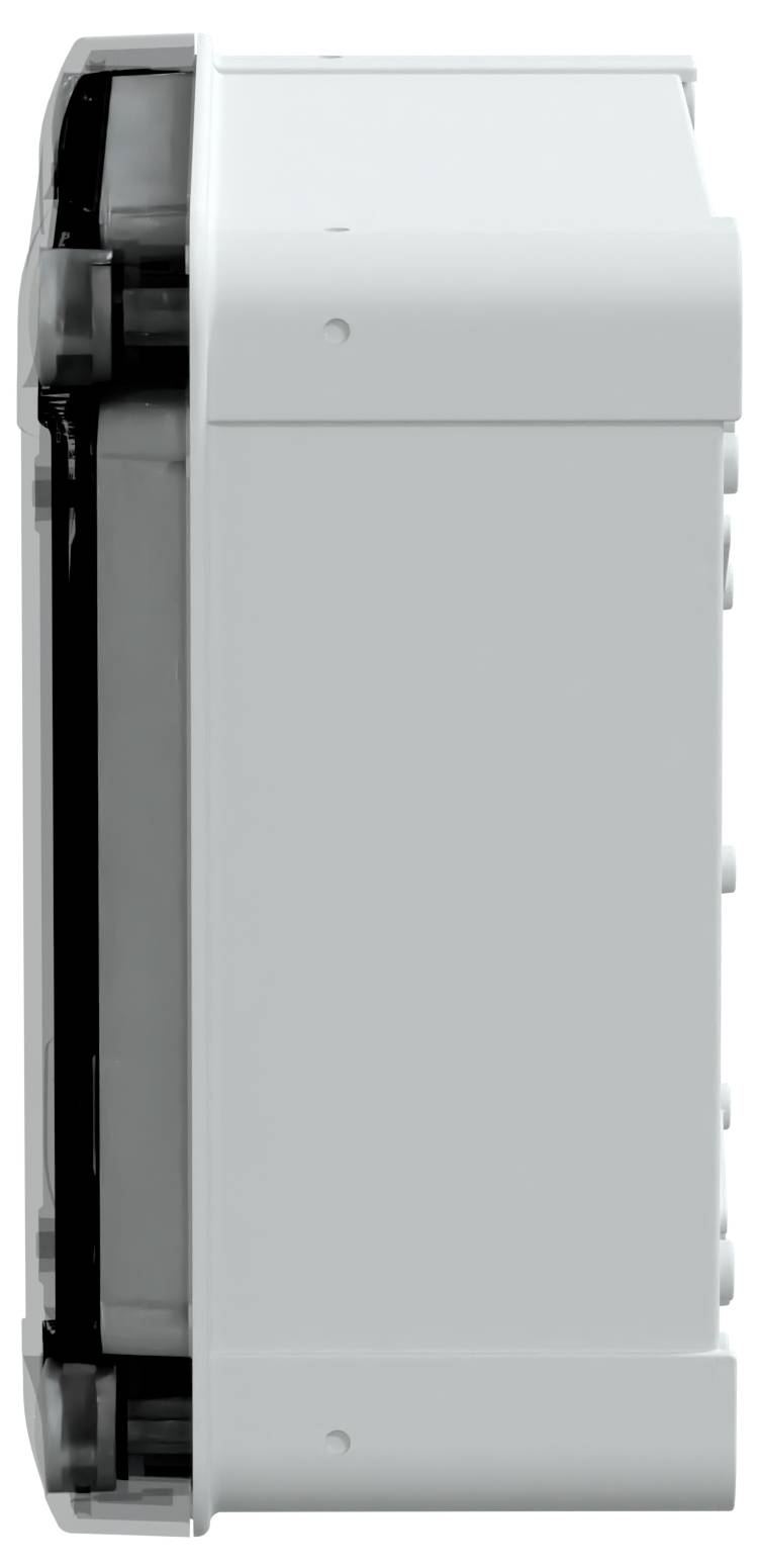 Un dispositif électronique rectangulaire blanc vu de profil, présentant un design compact avec des ports visibles sur un côté, posé sur un arrière-plan uni.