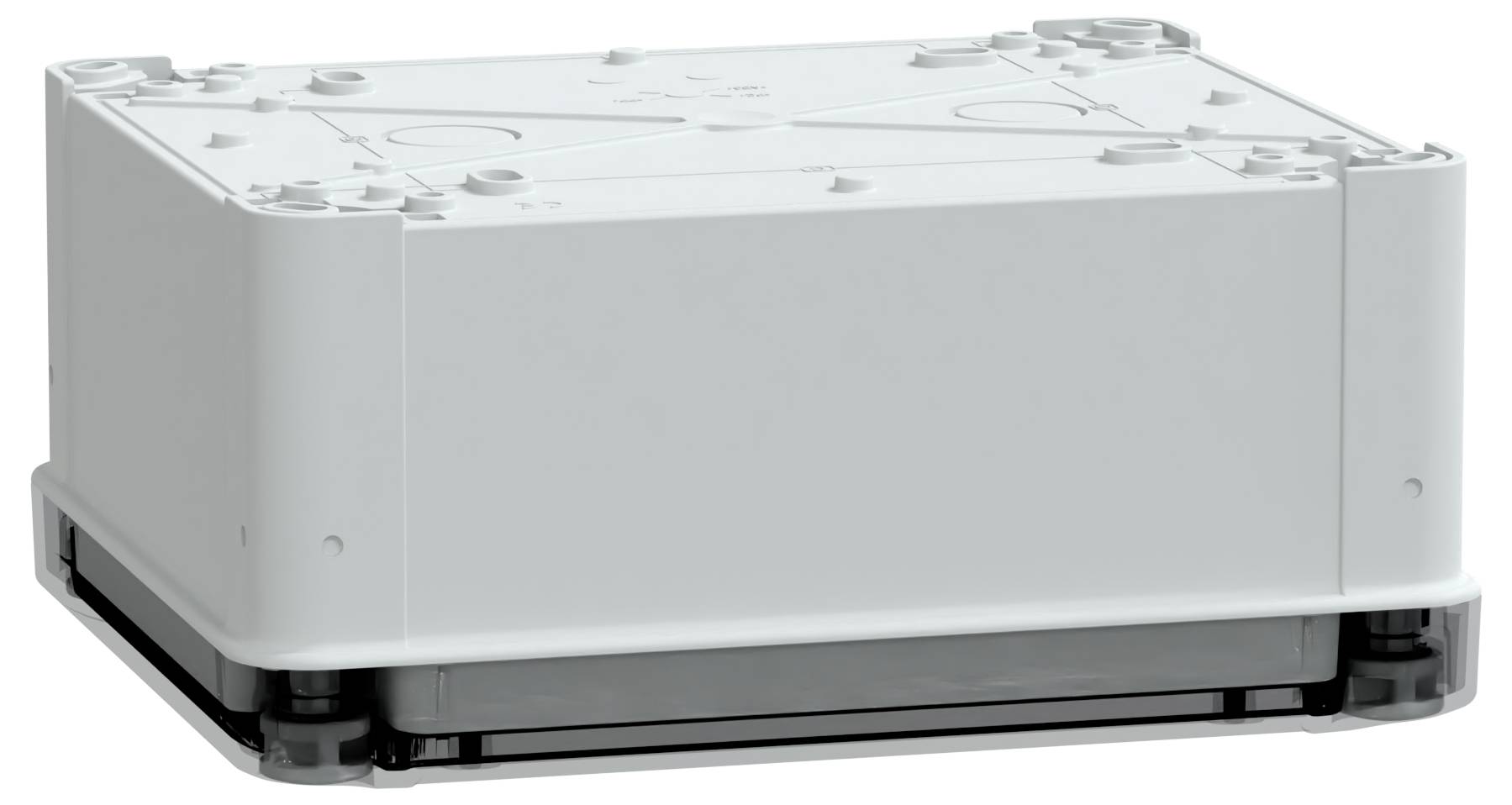 Un boîtier de jonction électrique rectangulaire gris avec un dessus plat et des coins renforcés, conçu pour protéger les connexions électriques.